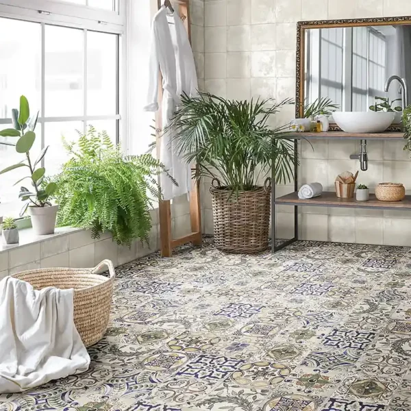 Picture of beautiful restroom decorated with vintage flooring tiles 