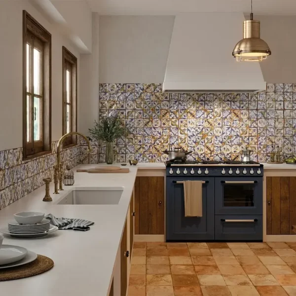 Handmade tile manufacturers catalogue´s picture showing a warm rustic style kitchen  