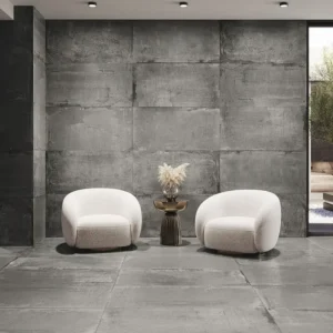 Aged concrete effect tiles set on a modern look waiting room  