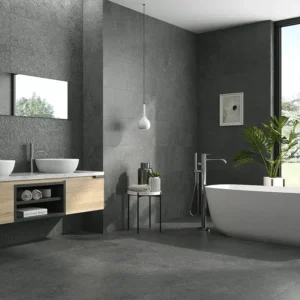 dark grey concrete effect tiles set on bathroom