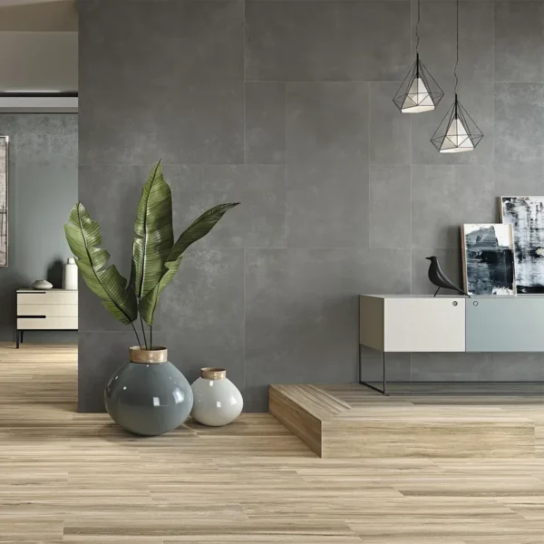 Through-body porcelain tile manufacturers catalogue´s picture showing a modern look living room
