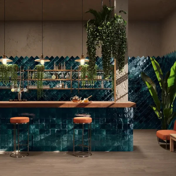 blue handmade tiles set on a stylish bar 
