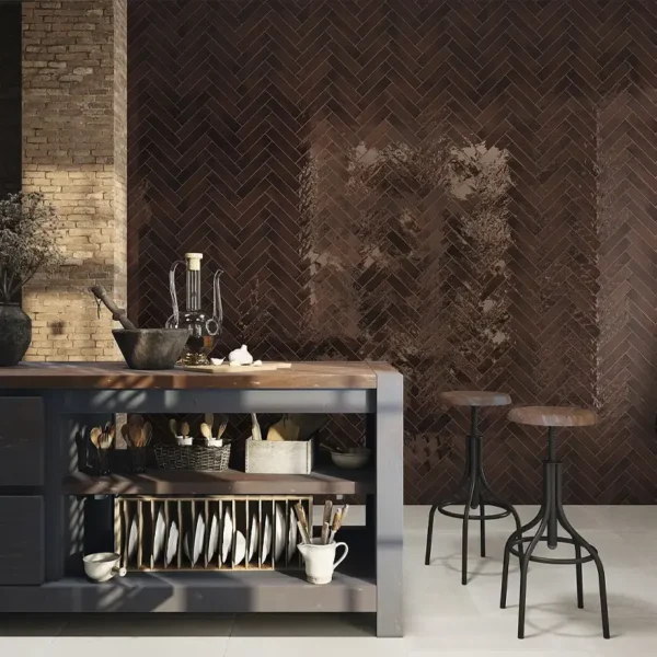 brown artisanal handmade tiles set on an urban style kitchen 