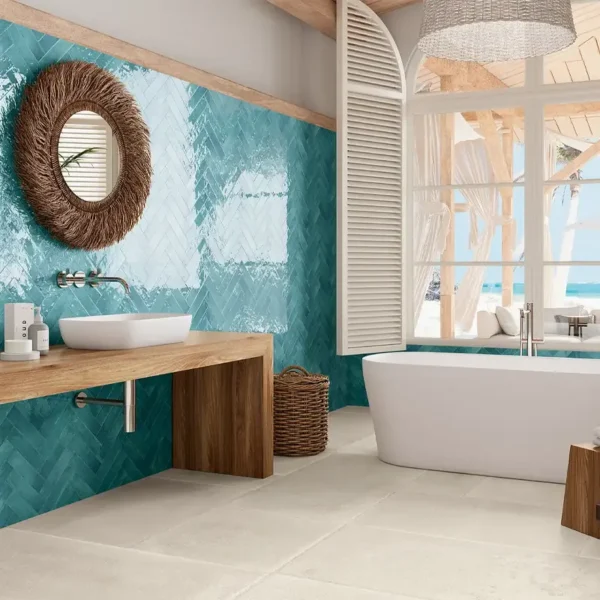 Picture of light blue artisanal handmade tiles set on a beautiful washroom 