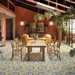 Picture of vintage look dining room decorated with ceramic floor tiles in retro look designs   