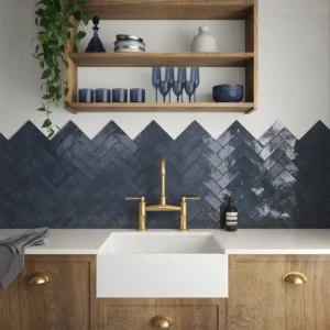 dark blue subway tiles set on backsplash 