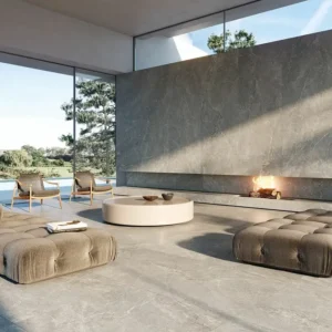Light grey marble look tiles set on Chill out zone 