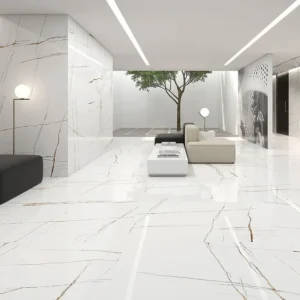 Waiting room decorated with white marble tiles 