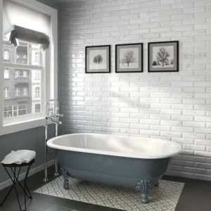 Vintage style bathroom coated with white subway tiles  